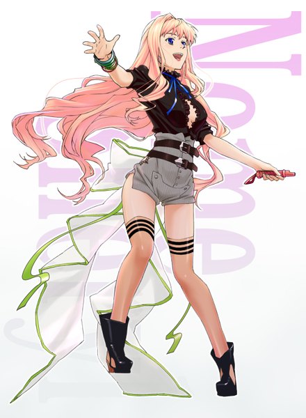 Anime picture 1100x1500 with macross macross frontier sheryl nome single long hair tall image breasts blue eyes simple background blonde hair white background inscription tears girl thighhighs bow earrings bracelet microphone lace