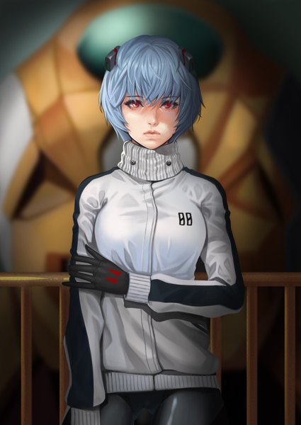 Anime picture 1500x2119 with neon genesis evangelion rebuild of evangelion evangelion: 3.0 you can (not) redo gainax ayanami rei eva 00 dereiope single tall image looking at viewer fringe short hair hair between eyes red eyes standing blue hair depth of field girl hair ornament jacket