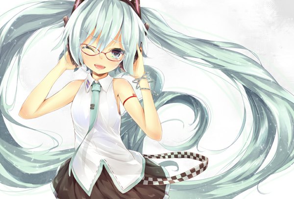 Anime picture 1000x678 with vocaloid hatsune miku kojiki-life single blush open mouth simple background white background twintails very long hair one eye closed aqua eyes wink aqua hair girl skirt glasses necktie headphones