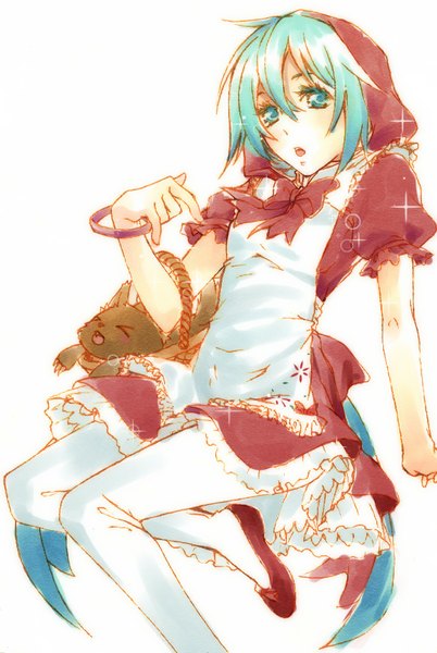 Anime picture 1163x1733 with little red riding hood project diva project diva 2nd vocaloid hatsune miku tagme (artist) single tall image looking at viewer blue eyes simple background white background blue hair very long hair cosplay mikuzukin (module) girl dress hood cat