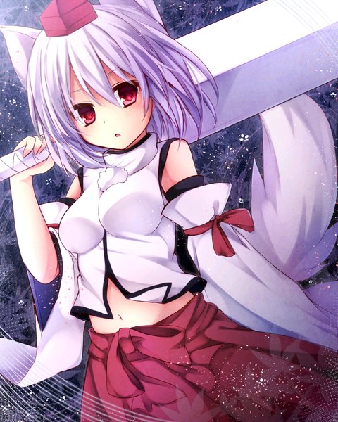 Anime picture 800x1000 with touhou inubashiri momiji komomo (ptkrx) single tall image blush fringe short hair hair between eyes red eyes holding animal ears silver hair tail traditional clothes parted lips japanese clothes animal tail wide sleeves :o