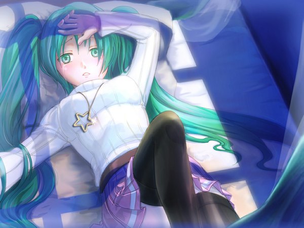 Anime picture 1024x768 with vocaloid hatsune miku long hair twintails crying girl thighhighs