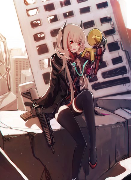 Anime picture 787x1080 with girls frontline m4 sopmod ii (girls frontline) dinergate (girls frontline) ro635 (dinergate) nekoya (liu) single long hair tall image fringe open mouth hair between eyes red eyes brown hair sitting holding looking away long sleeves :d multicolored hair arm up