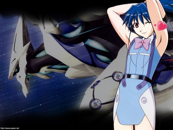 Anime picture 1280x960 with vandread gonzo misty cornwell looking at viewer short hair smile red eyes standing blue hair one eye closed wink armpit (armpits) wallpaper arms behind head girl heart bowtie mecha