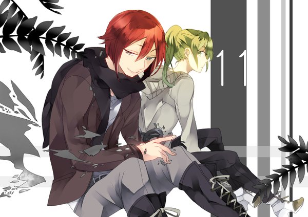 Anime picture 1500x1062 with inazuma eleven kiyama hiroto midorikawa ryuuji mihatarou long hair short hair smile sitting green eyes ponytail red hair profile green hair multiple boys grey eyes lacing boy scarf hood 2 boys