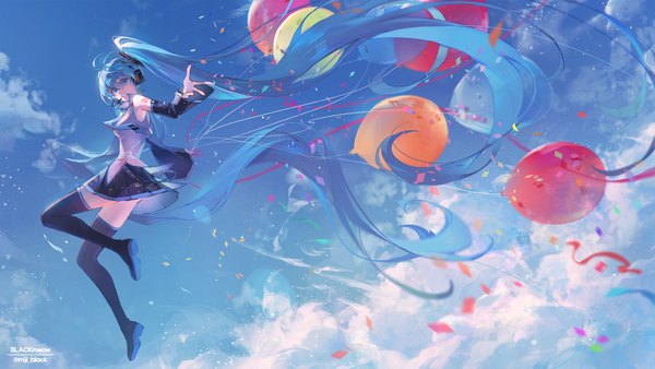 Anime picture 4000x2250 with vocaloid hatsune miku miji black single looking at viewer fringe highres hair between eyes wide image twintails signed absurdres sky cloud (clouds) full body very long hair aqua eyes aqua hair midair girl