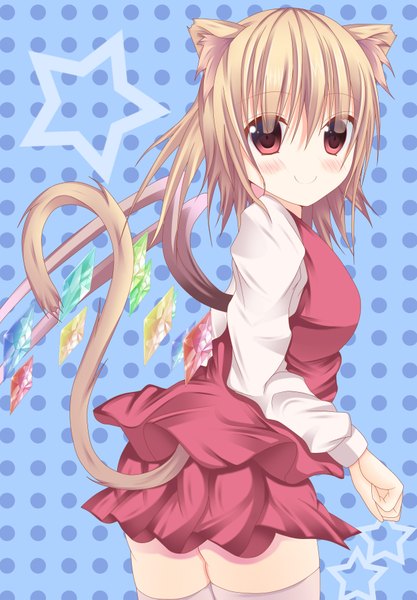Anime picture 2520x3622 with touhou flandre scarlet kaiba-san single tall image blush highres short hair blonde hair smile red eyes animal ears cat ears cat girl cat tail girl dress wings crystal