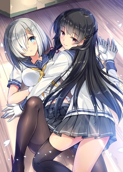 Anime picture 1276x1789 with kantai collection hamakaze destroyer isokaze destroyer kobayashi chisato long hair tall image looking at viewer blush fringe short hair breasts blue eyes light erotic black hair smile red eyes large breasts multiple girls silver hair bent knee (knees)