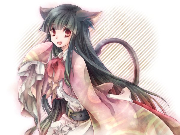 Anime picture 1500x1125 with touhou houraisan kaguya toropp (artist) single long hair open mouth black hair red eyes animal ears cat ears cat tail girl dress