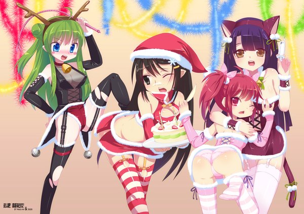 Anime picture 2121x1500 with original mvv long hair fringe highres open mouth blue eyes light erotic black hair red eyes multiple girls brown eyes animal ears purple hair bent knee (knees) ass red hair blunt bangs green hair cat ears