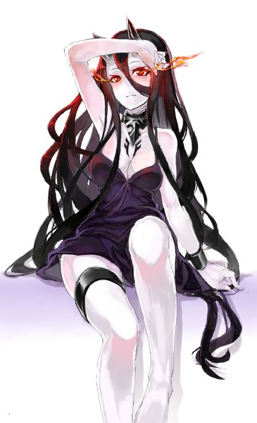 Anime picture 700x1150 with kantai collection battleship-symbiotic hime sw (2311550438) single tall image looking at viewer fringe black hair simple background hair between eyes red eyes sitting cleavage bent knee (knees) very long hair arm up horn (horns) no bra shadow armpit (armpits)