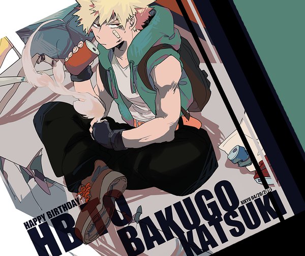 Anime picture 954x800 with boku no hero academia studio bones bakugou katsuki xi yuu single short hair blonde hair red eyes sitting signed looking away from above character names dated smoke happy birthday indian style bandaid on face boy hood