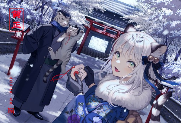 Anime picture 2447x1654 with original esukee highres short hair open mouth holding green eyes animal ears white hair tail traditional clothes :d japanese clothes animal tail dutch angle hand on hip floral print snowing winter snow