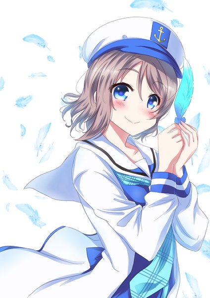 Anime picture 2480x3508 with love live! sunshine!! sunrise (studio) love live! watanabe you zero-theme single tall image looking at viewer blush fringe highres short hair blue eyes simple background smile hair between eyes standing white background holding upper body