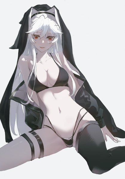 Anime picture 1895x2719 with arknights specter (arknights) lxc single long hair tall image looking at viewer fringe highres breasts light erotic simple background hair between eyes red eyes white background sitting white hair girl swimsuit bikini
