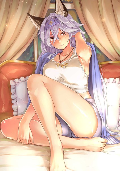 Anime picture 1019x1447 with granblue fantasy heles abo (hechouchou) single long hair tall image looking at viewer blush fringe highres breasts light erotic smile hair between eyes red eyes sitting animal ears silver hair indoors barefoot