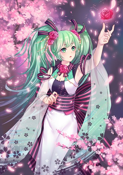 Anime picture 661x935 with vocaloid hatsune miku quingyuege single long hair tall image blush breasts open mouth twintails green eyes cleavage multicolored hair aqua hair wide sleeves alternate costume cherry blossoms outstretched arm gradient hair glow