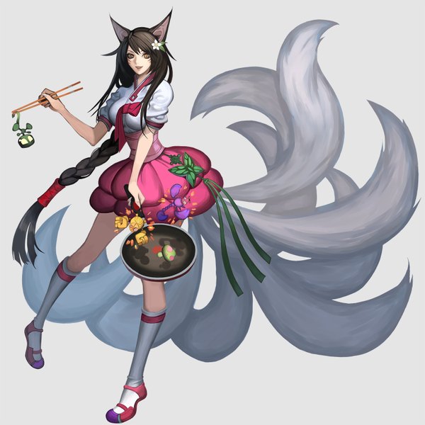 Anime picture 1500x1500 with league of legends ahri (league of legends) amumu (league of legends) blitzcrank (league of legends) skarner (league of legends) long hair highres black hair simple background animal ears ponytail tail braid (braids) hair flower alternate costume fox ears facial mark fox tail chibi multiple tails