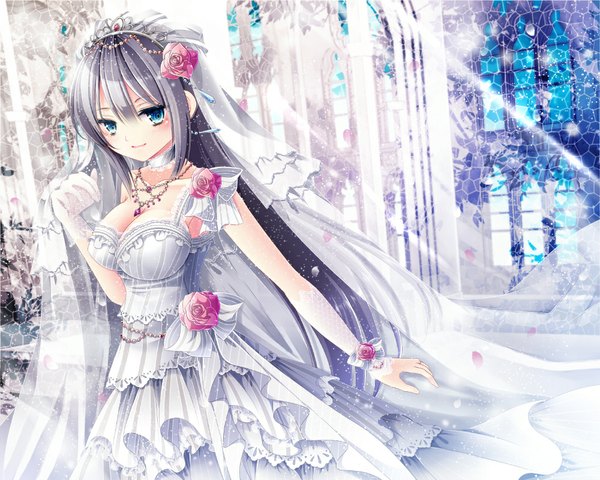 Anime picture 1000x800 with original aki (artist) single long hair looking at viewer blue eyes grey hair girl dress gloves flower (flowers) petals jewelry wedding dress