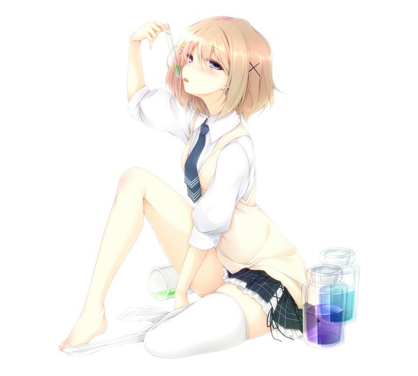 Anime picture 1000x900 with original luna lia single short hair blue eyes simple background blonde hair white background :p girl thighhighs skirt miniskirt white thighhighs necktie tongue