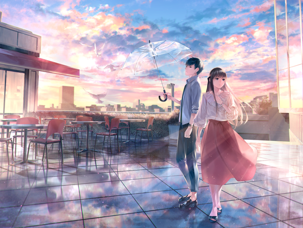 Anime picture 1500x1131 with original sousou (sousouworks) long hair fringe short hair black hair brown hair holding looking away sky cloud (clouds) full body blunt bangs wind black eyes sunlight city reflection cityscape sunbeam