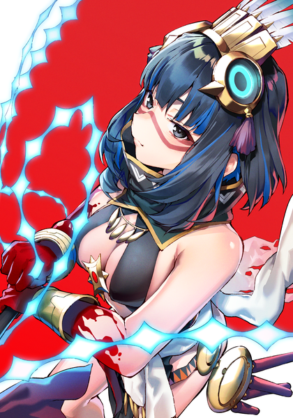 Anime picture 1690x2412 with fate (series) fate/grand order tenochtitlan (fate) tenochtitlan (first ascension) (fate) tlaloc (fate) black cola single tall image fringe short hair breasts light erotic black hair simple background large breasts looking away cleavage from above black eyes sleeveless