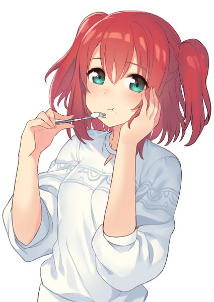 Anime picture 1097x1550 with love live! sunshine!! sunrise (studio) love live! kurosawa ruby hajime kaname single tall image looking at viewer fringe short hair simple background hair between eyes white background green eyes upper body red hair two side up eating :t girl