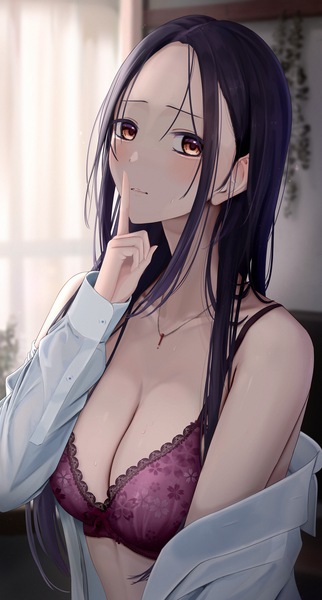 Anime picture 2250x4193 with original inaka 44 single long hair tall image looking at viewer blush fringe highres breasts light erotic black hair large breasts yellow eyes cleavage upper body indoors parted lips off shoulder open shirt