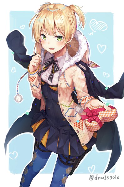 Anime picture 858x1300 with girls frontline welrod mk2 (girls frontline) huwari (dnwls3010) single tall image looking at viewer blush fringe short hair open mouth blonde hair simple background standing twintails holding green eyes signed blunt bangs braid (braids) open clothes