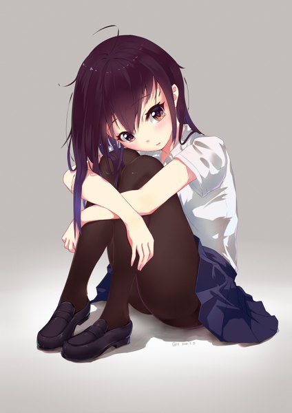 Anime picture 2480x3507 with original gh (chen ghh) single long hair tall image looking at viewer blush fringe highres simple background hair between eyes brown hair sitting brown eyes signed purple hair full body ahoge bent knee (knees) pleated skirt