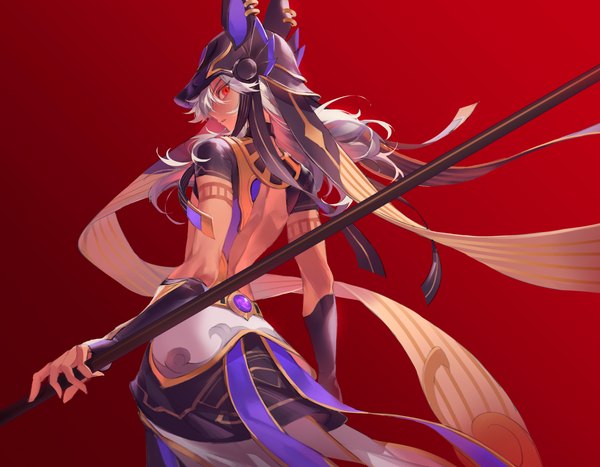 Anime picture 3600x2800 with genshin impact cyno (genshin impact) miji black single long hair looking at viewer highres simple background red eyes absurdres silver hair profile looking back red background boy weapon headdress spear vision (genshin impact)
