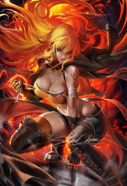 Anime-Bild 684x1000 mit rwby rooster teeth yang xiao long sakimichan single long hair tall image looking at viewer fringe breasts light erotic blonde hair hair between eyes large breasts purple eyes signed payot cleavage lips realistic