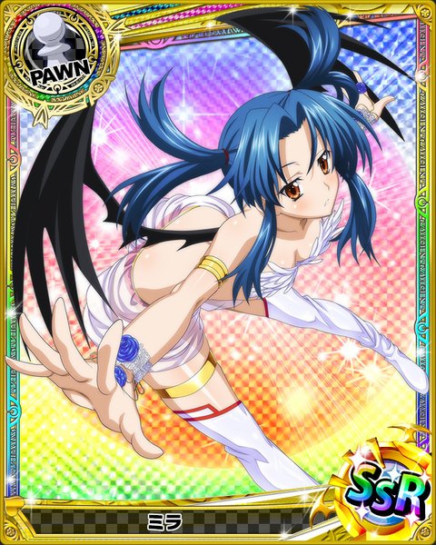 Anime picture 640x800 with highschool dxd mira (high school dxd) single long hair tall image looking at viewer blush light erotic red eyes twintails blue hair card (medium) girl thighhighs white thighhighs wings