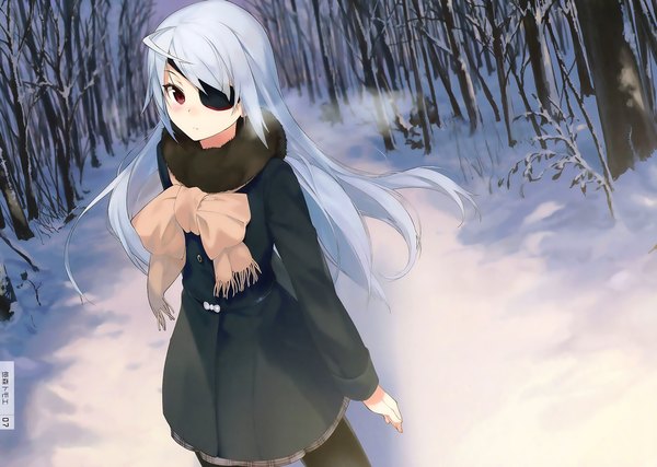 Anime picture 2807x2000 with infinite stratos 8bit laura bodewig sasamori tomoe single long hair blush highres red eyes silver hair from above scan snow exhalation girl plant (plants) tree (trees) scarf eyepatch coat
