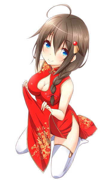 Anime picture 2300x4077 with kantai collection shigure destroyer saku (kudrove) kk-sk-ray single long hair tall image looking at viewer blush highres blue eyes light erotic simple background smile brown hair white background cleavage ahoge braid (braids) traditional clothes