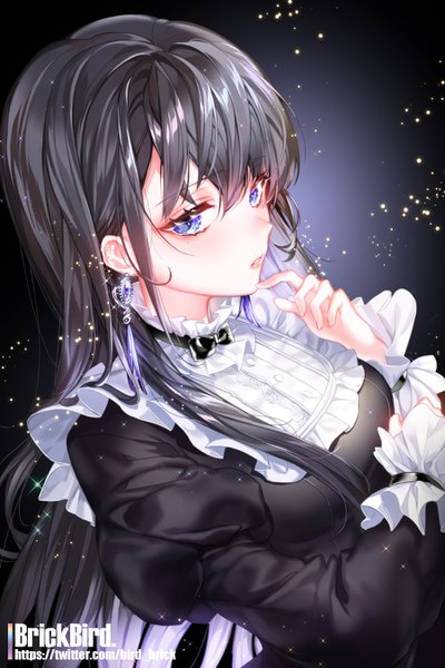 Anime picture 900x1350 with original brickbird single long hair tall image fringe blue eyes black hair hair between eyes signed upper body parted lips sparkle finger to mouth girl earrings