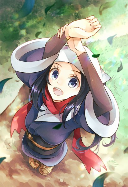 Anime picture 1100x1600 with pokemon pokemon (game) pokemon legends: arceus nintendo akari (pokemon) yomogi (black-elf) single long hair tall image open mouth blue eyes black hair smile standing full body traditional clothes :d japanese clothes from above wide sleeves