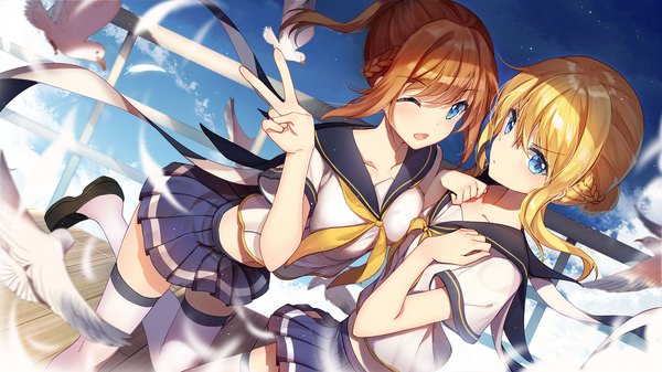 Anime picture 1920x1080 with azur lane renown (azur lane) repulse (azur lane) bison cangshu long hair fringe highres open mouth blue eyes blonde hair hair between eyes brown hair wide image multiple girls payot sky bent knee (knees) ponytail braid (braids) pleated skirt