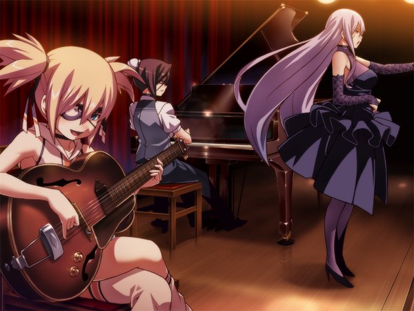Anime picture 1024x768 with hotel (game) long hair short hair open mouth blue eyes black hair blonde hair multiple girls game cg grey hair girl dress gloves elbow gloves 3 girls guitar piano