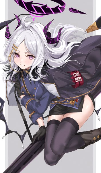 Anime picture 1200x2048 with blue archive hina (blue archive) mexif single long hair tall image looking at viewer light erotic simple background smile purple eyes silver hair ahoge horn (horns) grey background grin clothes on shoulders pillarboxed girl thighhighs
