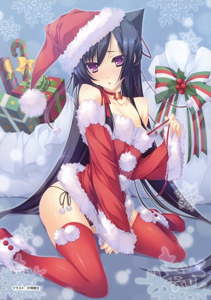 Anime picture 2463x3500 with original katagiri hinata single long hair tall image highres open mouth light erotic purple eyes bare shoulders animal ears blue hair cat ears cat girl fur trim christmas girl thighhighs underwear panties