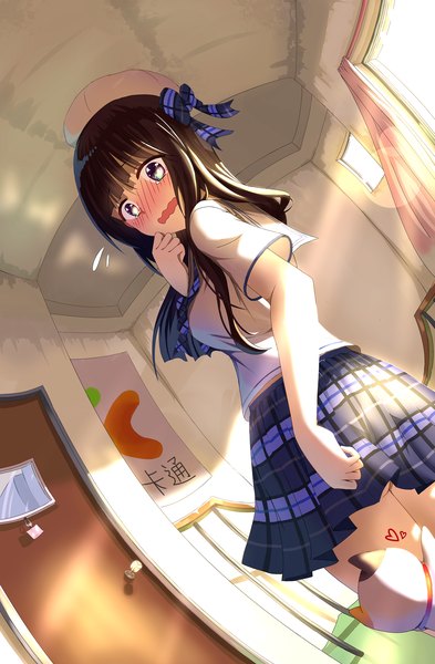 Anime picture 1791x2734 with ipass (yi ka tong) xiao pa isumi (yangyan) single tall image blush highres breasts open mouth light erotic absurdres ass indoors pleated skirt arm up tears lens flare plaid skirt wavy mouth girl