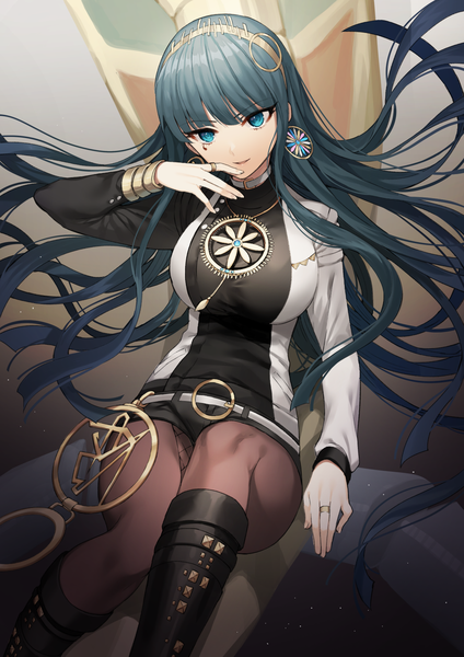 Anime picture 1158x1637 with fate (series) fate/grand order cleopatra (fate/grand order) gambe single long hair tall image looking at viewer fringe smile sitting long sleeves head tilt arm up aqua eyes aqua hair floating hair tsurime royalty girl
