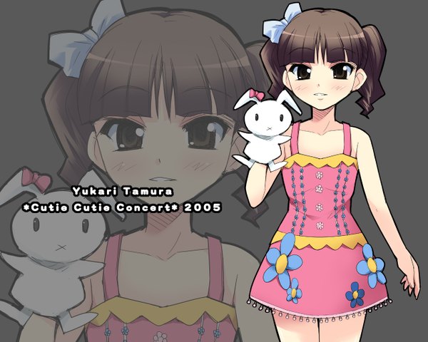 Anime picture 1280x1024 with real life tamura yukari nippori single looking at viewer blush short hair simple background brown hair twintails brown eyes character names zoom layer girl dress bow hair bow short dress pink dress puppet