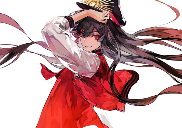 Anime picture 1100x777 with fate (series) fate/grand order oda nobunaga (fate) (all) oda nobunaga (swimsuit berserker) (fate) mo (mocopo) single long hair looking at viewer fringe black hair simple background smile hair between eyes red eyes white background upper body arm up open jacket floating hair turning head