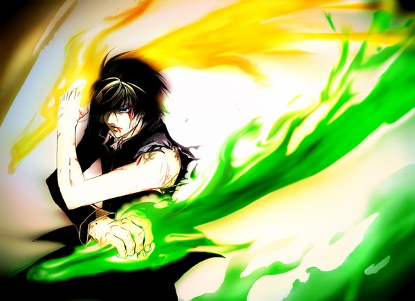 Anime picture 1456x1056 with code: breaker kinema citrus ogami rei single fringe short hair blue eyes brown hair hair over one eye sleeveless torn clothes open collar battle sword blood flame