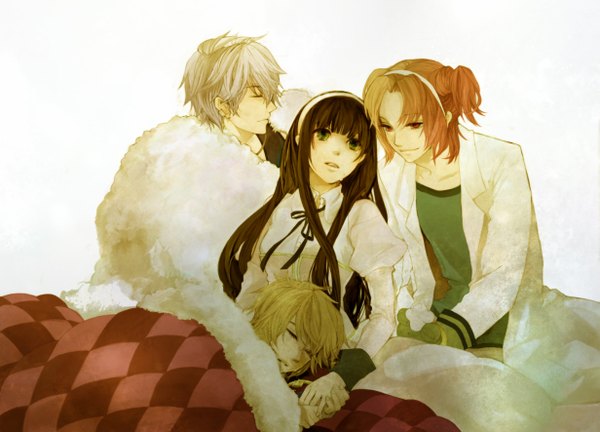 Anime picture 2461x1772 with clockzero yucco long hair highres short hair simple background blonde hair brown hair white background green eyes white hair eyes closed orange hair orange eyes group sleeping checkered girl boy hairband