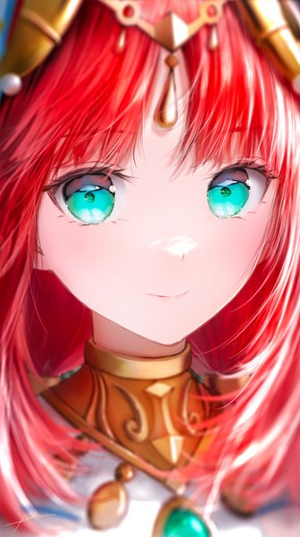 Anime picture 2102x3748 with genshin impact nilou (genshin impact) ojay tkym single long hair tall image looking at viewer blush fringe highres smile signed red hair blunt bangs aqua eyes close-up face girl circlet gorget