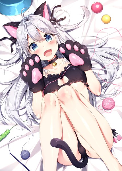 Anime picture 800x1119 with original masuishi kinoto single long hair tall image looking at viewer fringe open mouth blue eyes light erotic hair between eyes animal ears cleavage silver hair ahoge bent knee (knees) tail lying animal tail from above