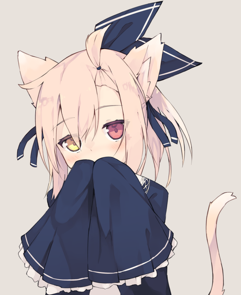 Anime picture 795x976 with original nagishiro mito single tall image looking at viewer blush fringe short hair simple background hair between eyes red eyes animal ears yellow eyes payot pink hair upper body tail animal tail cat ears grey background